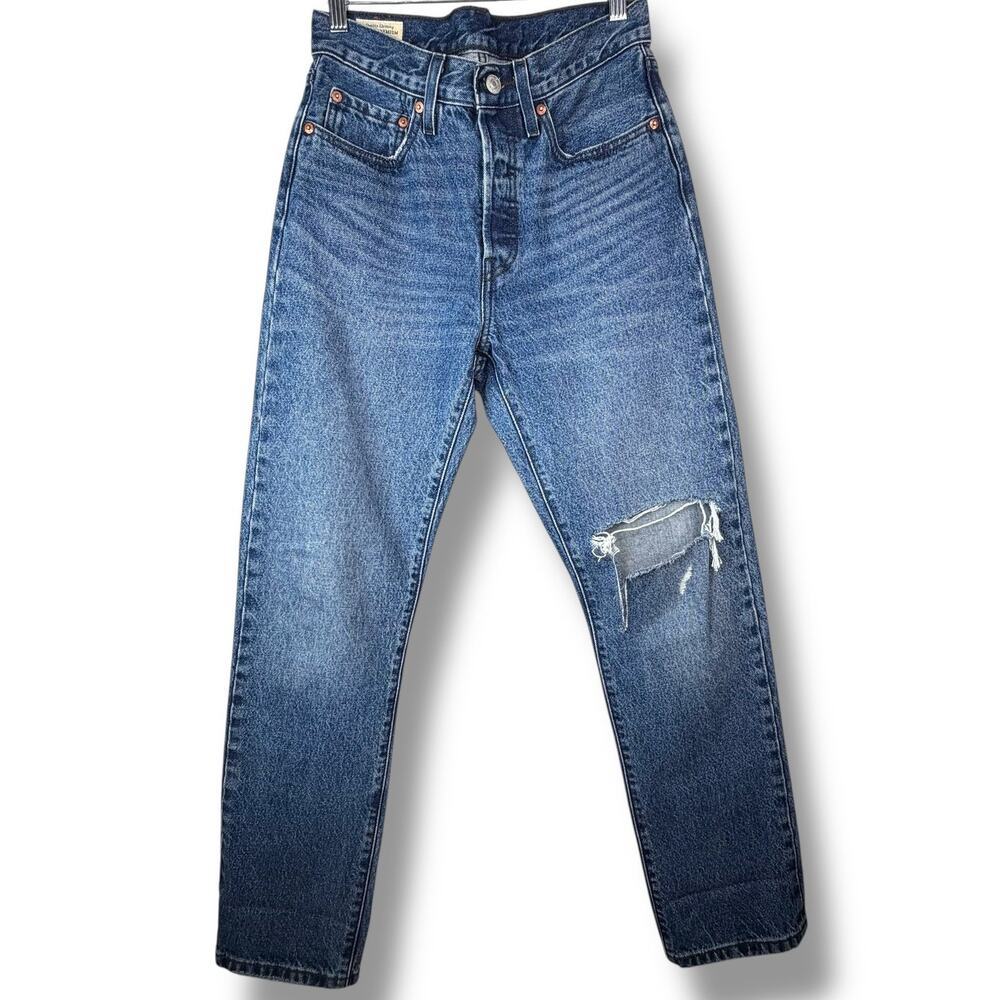 Levi's Premium 501 Dark Wash High Waist Distressed Button Fly Denim Jeans
